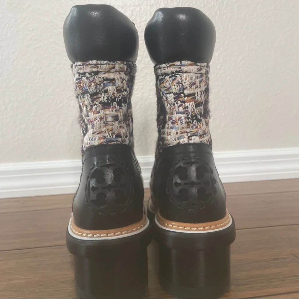 Tory Burch tweed combat boots fall boots winter boots lace up boots black bootie